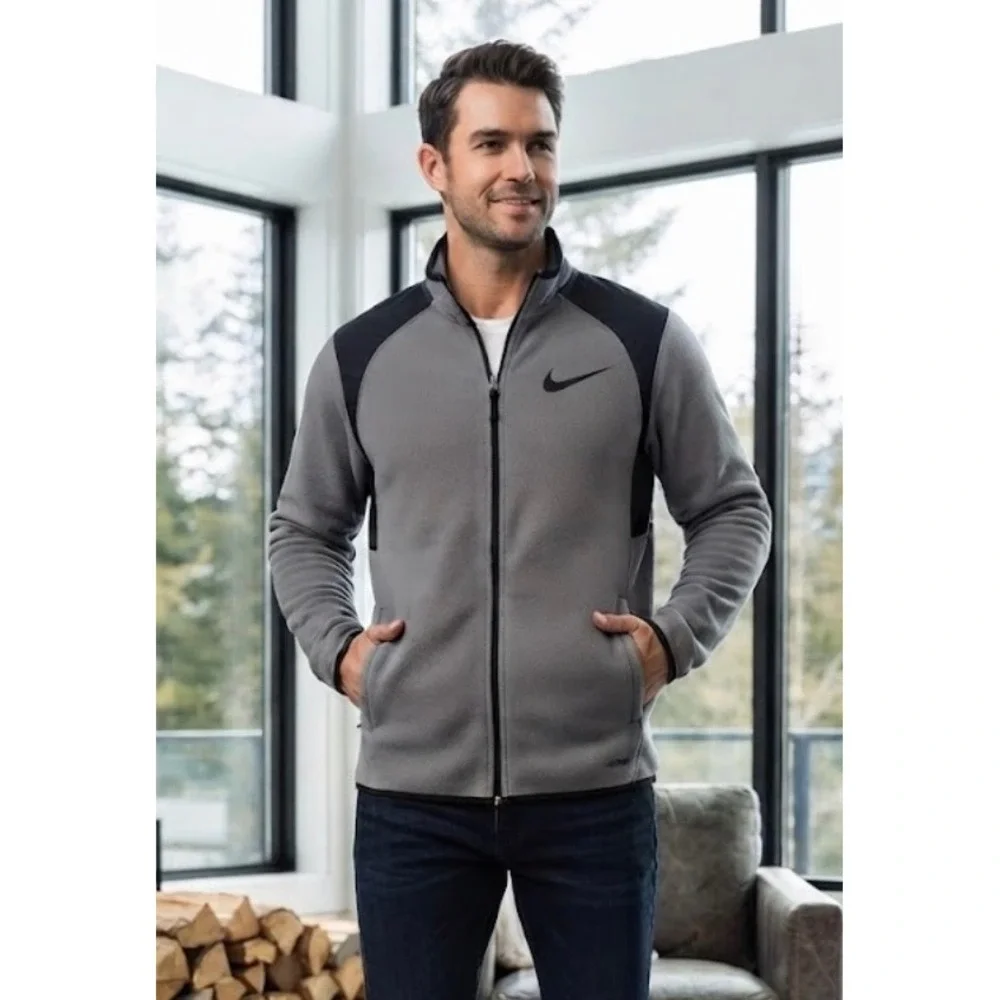 Nike Mens NikeFIT Therma Full Zip Fleece Jacket Grey Black Sportswear Size M